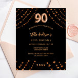 90th birthday black rose gold invitation<br><div class="desc">For an elegant 90th birthday party. A black background. Decorated with rose gold stars.  Personalize and add a name,  party details,  year of birth. The name is written with a hand lettered style script. 

1 sheet = 1 invitation printed edge to edge.</div>