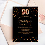 90th birthday black rose gold stars elegant invitation postcard<br><div class="desc">For an elegant 90th birthday party. A black background. Decorated with rose gold stars.  Personalize and add a name,  party details,  year of birth. The name is written with a hand lettered style script</div>