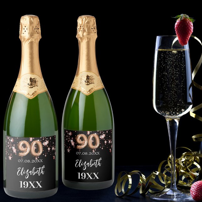 90th Birthday black rose gold stars Sparkling Wine Label (Creator Uploaded)
