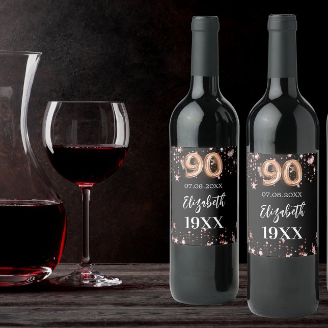 90th Birthday black rose gold stars Wine Label (Creator Uploaded)