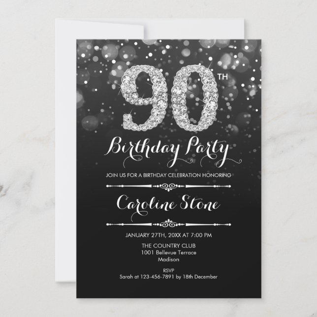 90th Birthday - Black Silver Invitation (Front)