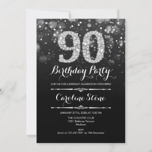 90th Birthday - Black Silver Invitation