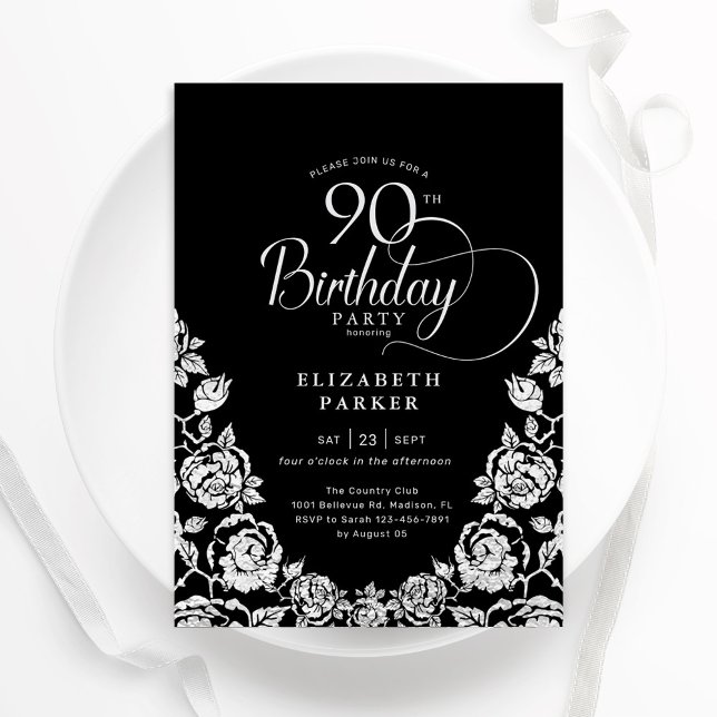 90th Birthday Black Silver Roses Invitation (Creator Uploaded)