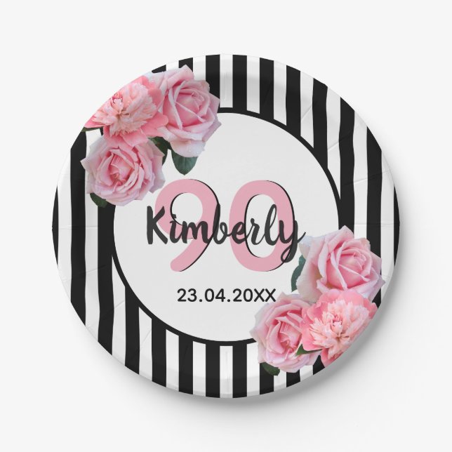 90th birthday black stripes pink florals classic paper plate (Front)
