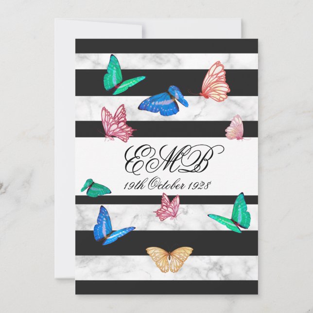 90th Birthday Black White Butterfly Birthday  Invi Invitation (Back)
