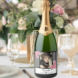 90th birthday black white stripes floral photo sparkling wine label<br><div class="desc">A label for a 90th birthday party. Classic slim black and white vertical stripes as background.  With girly and feminine Flowers,  pink roses and peonies as decoration.  
A frame on front with template for age 90,  name and dates. Template for your own vertical photo.</div>