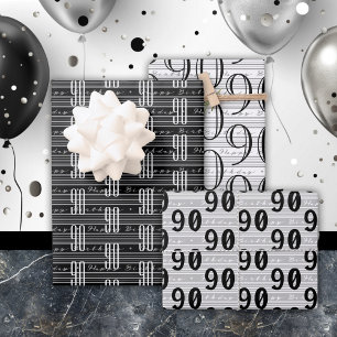 90th Birthday Black White Typography Numbers Wrapping Paper Sheet