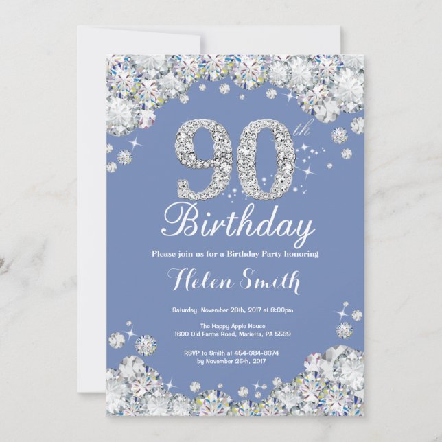 90th Birthday Blue and Silver Diamond Invitation (Front)