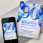 90th Birthday Blue Balloons Invitation<br><div class="desc">A party, a whole party, and nothing but a party. That's what's in this birthday design. Featuring bold numbers and elegant typography surrounded by balloons, this design is as fun and bold as he is. The blue and silver colour scheme lends an edgy, masculine air to the design. Perfect for...</div>