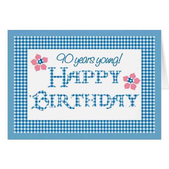 90th Birthday, Blue Check Gingham Pattern (Front Horizontal)