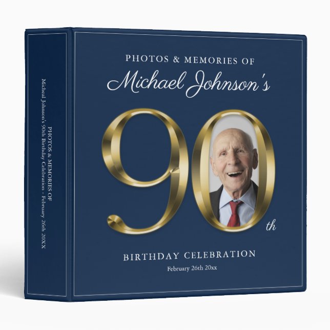 90th Birthday Blue Elegant Gold Text Photo Classy Binder (Front/Spine)