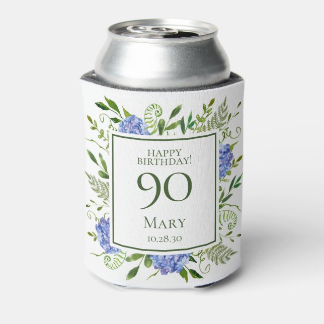 90th Birthday Blue Hydrangeas Can Cooler (Can Back)