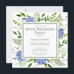 90th Birthday Blue Hydrangeas Card Request<br><div class="desc">This blue hydrangea 90th birthday card request invitation is whimsical and stunning! With its watercolor multi-hued blue hydrangeas, wispy natural greenery it is perfect for celebrating your loved one. The back has a beautifully worded fully customizable card request and a lovely coordinating blue hydrangeas bouquet. By selecting Personalize this template...</div>