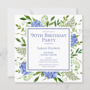90th Birthday Blue Hydrangeas Floral Watercolor  Invitation