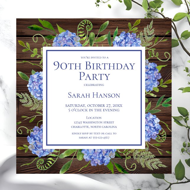 90th Birthday Blue Hydrangeas Floral Watercolor Invitation (Creator Uploaded)