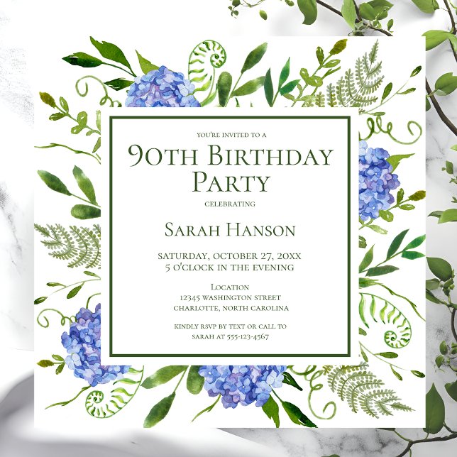90th Birthday Blue Hydrangeas Floral Watercolor Invitation (Creator Uploaded)