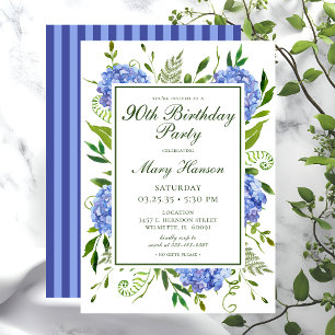90th Birthday Blue Hydrangeas Floral Watercolor Invitation