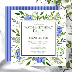 90th Birthday Blue Hydrangeas Floral Watercolor Invitation