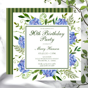 90th Birthday Blue Hydrangeas Floral Watercolor Invitation