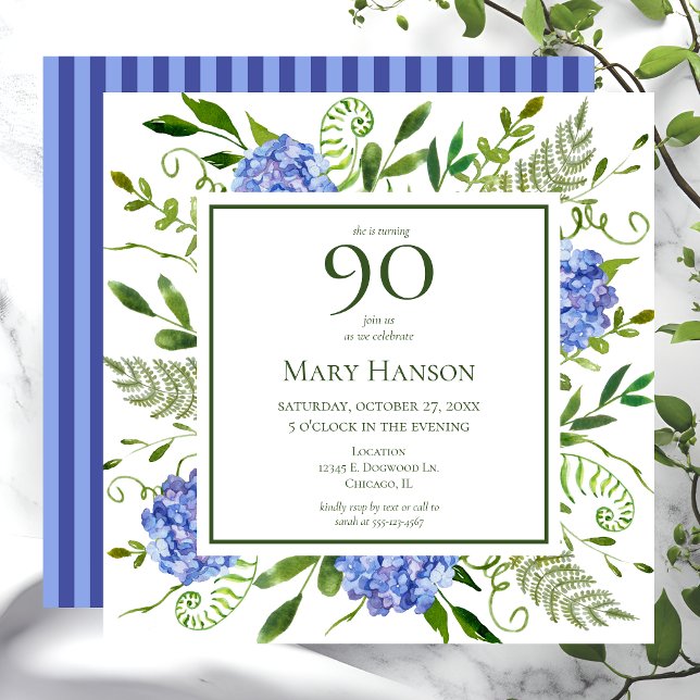 90th Birthday Blue Hydrangeas Invitation (Creator Uploaded)