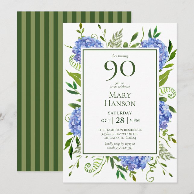 90th Birthday Blue Hydrangeas Invitation (Front/Back)