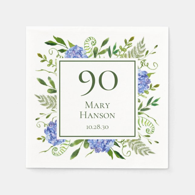 90th Birthday Blue Hydrangeas Napkin (Front)