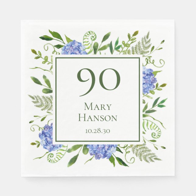 90th Birthday Blue Hydrangeas Napkin (Front)