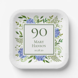90th Birthday Blue Hydrangeas Paper Plate
