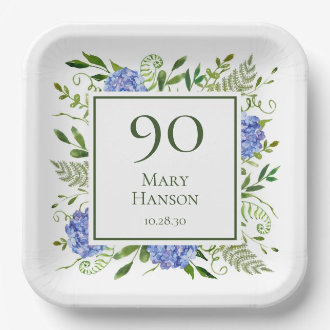 90th Birthday Blue Hydrangeas Paper Plate (Front)