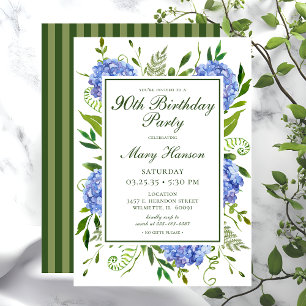90th Birthday Blue Hydrangeas Script Invitation