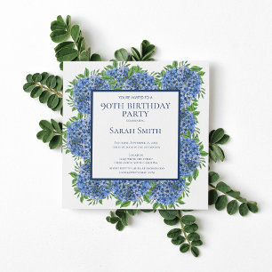 90th Birthday Blue Hydrangeas Watercolor Party Inv Invitation