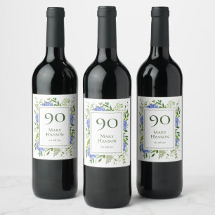90th Birthday Blue Hydrangeas Wine Label