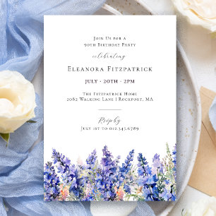 90th Birthday Blue Larkspur July Birth Flower Invitation