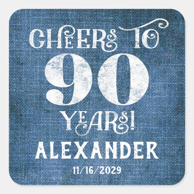90th Birthday Blue Linen Thank You Favour Stickers (Front)