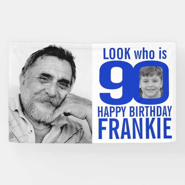 90th birthday blue look 90 custom photo now then banner (Horizontal)