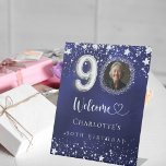 90th Birthday blue silver stars photo welcome Pedestal Sign<br><div class="desc">A welcome sign for a 90th birthday party.  A navy blue background with elegant faux silver stars. The blue colour is uneven.  Personalize and add a photo,  name and text.  White letters.</div>