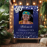 90th Birthday blue silver stars photo welcome Poster<br><div class="desc">A welcome poster for a 90th birthday party.  A navy blue background with elegant faux silver stars. The blue colour is uneven.  Personalize and add a photo,  name and text.  White letters.</div>