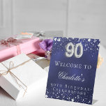 90th Birthday blue silver stars welcome party Pedestal Sign<br><div class="desc">A welcome sign for a 90th birthday party.  A navy blue background with elegant faux silver stars. The blue colour is uneven.  Personalize and add a name and text.  White letters.</div>