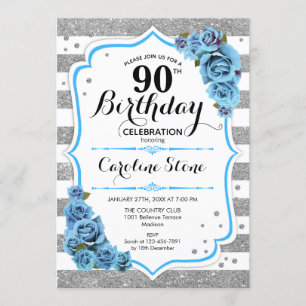 90th Birthday - Blue Silver White Stripes Invitation