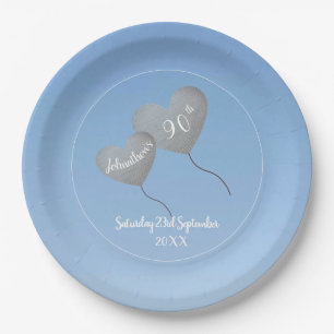 90th birthday blue sky & silver balloon paper plate