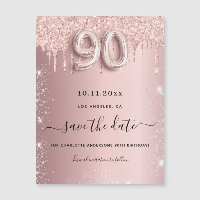 90th birthday blush glitter save the date magnet (Front)