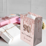 90th birthday blush pink glitter drips rose gold medium gift bag<br><div class="desc">Elegant, classic, glamourous and girly for a 90th birthday party. A blush pink background. Decorated with rose gold, pink faux glitter drips, paint dripping look. Personalize and add a name. With the text: Happy Birthday. The name is written with a modern dark rose coloured hand lettered style script. Number 90...</div>
