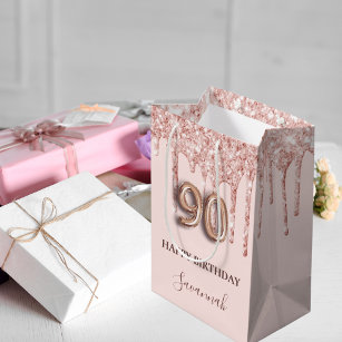 90th birthday blush pink glitter drips rose gold medium gift bag