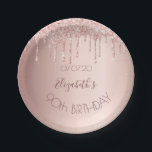 90th birthday blush rose gold glitter drips name paper plate<br><div class="desc">A paper plate for a girly and glamourous 90th birthday party. A faux rose gold metallic looking background with an elegant faux rose gold glitter drips, paint drip look. The text: The name is written in dark rose gold with a large modern hand lettered style script. Template for name, age...</div>