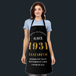 90th Birthday Born 1931 Black Gold Lady's Apron<br><div class="desc">A personalized classic black apron design for that birthday celebration for somebody born in 1931 and turning 90. Add the name to this vintage retro style black, white and gold design for a custom 90 birthday gift. Easily edit the name and year with the template provided. A wonderful custom birthday...</div>