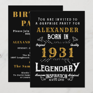90th Birthday Born 1931 Black Gold Retro Vintage Invitation