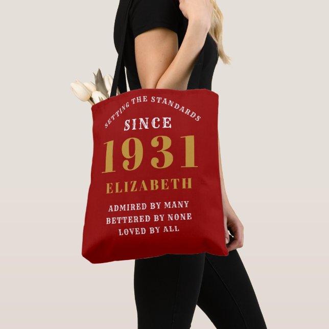 90th Birthday Born 1931 Personalized Elegant Red  Tote Bag (Close Up)