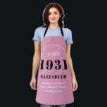 90th Birthday Born 1931 Pink Black Lady's Apron<br><div class="desc">A personalized classic pink apron design for that birthday celebration for somebody born in 1931 and turning 90. Add the name to this vintage retro style pink, white and black design for a custom 90 birthday gift. Easily edit the name and year with the template provided. A wonderful custom birthday...</div>