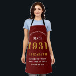 90th Birthday Born 1931 Red Gold Lady's Apron<br><div class="desc">A personalized classic red apron design for that birthday celebration for somebody born in 1931 and turning 90. Add the name to this vintage retro style red, white and gold design for a custom 90 birthday gift. Easily edit the name and year with the template provided. A wonderful custom birthday...</div>