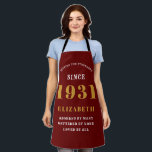 90th Birthday Born 1931 Red Gold Lady's Apron<br><div class="desc">A personalized classic red apron design for that birthday celebration for somebody born in 1931 and turning 90. Add the name to this vintage retro style red, white and gold design for a custom 90 birthday gift. Easily edit the name and year with the template provided. A wonderful custom birthday...</div>